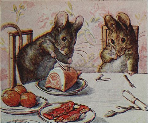 Beatrix Potter children's illustration of mice eating dinner ham for Two Bad Mice
