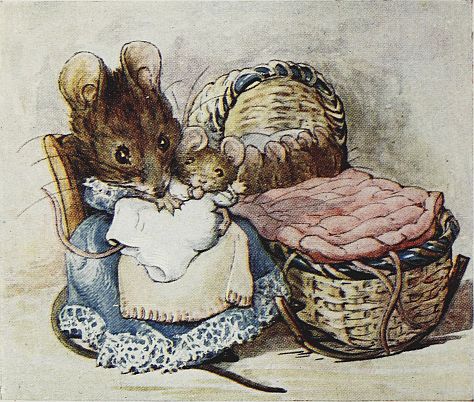 Beatrix Potter children's illustration of mouse with baby for Two Bad Mice