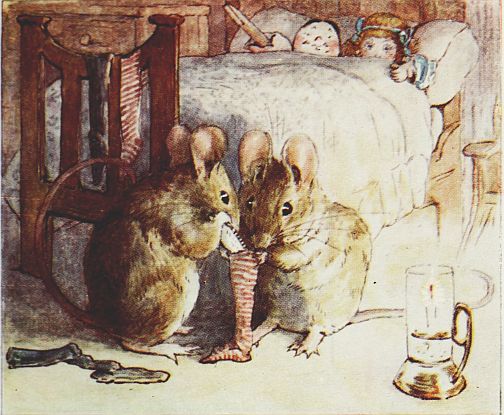 Beatrix Potter children's illustration of mouse family iin bedroom with dolls for Two Bad Mice