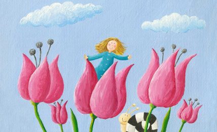Illustration of girl in pink tulips for children's story Little Ida's Flowers