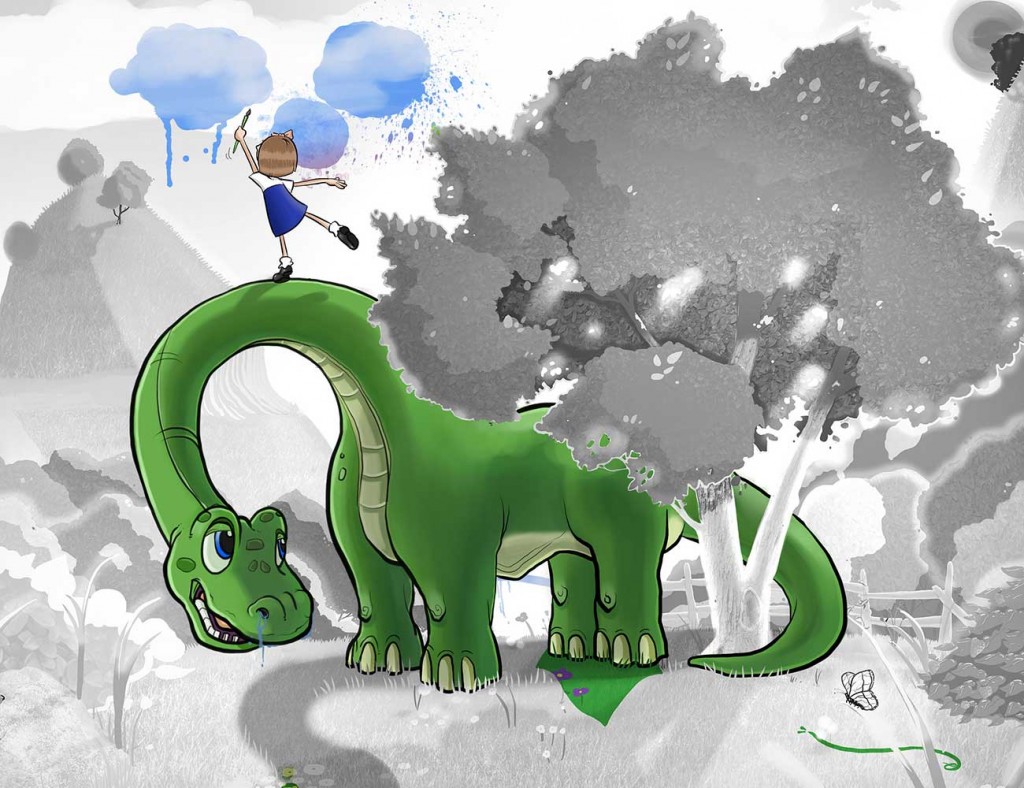 Kids illustration from short story Sticks Masterpiece by Brothers Whim - girl painting on green dinosaur