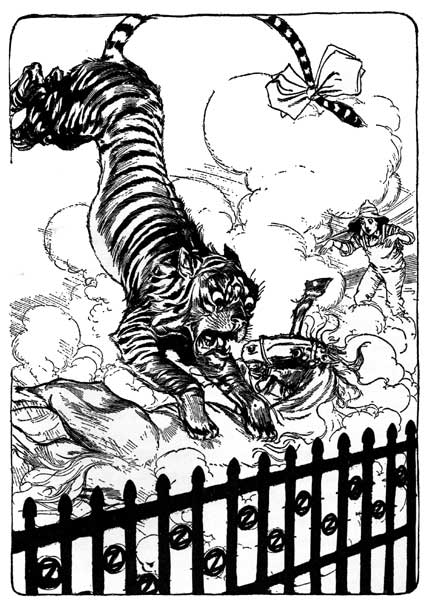 Vintage illustration of leaping tiger from Ozma's hair for childrens story Wizard of Oz