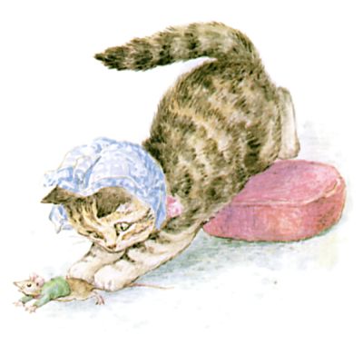 Illustration of kitten catching mouse by Beatrix Potter for children's story Miss Moppet
