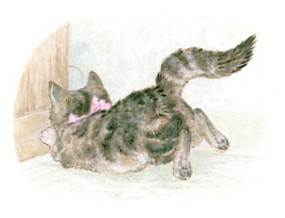 Illustration of cat running by Beatrix Potter for children's story Miss Moppet