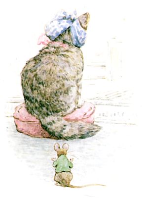 Illustration of mouse sneaking on cat by Beatrix Potter for children's story Miss Moppet