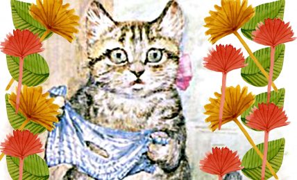 Illustration of cat and leaves by Beatrix Potter for children's story Miss Moppet