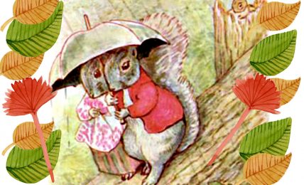 Bedtime stories Timmy Tiptoes by Beatrix Potter squirrels under umbrella