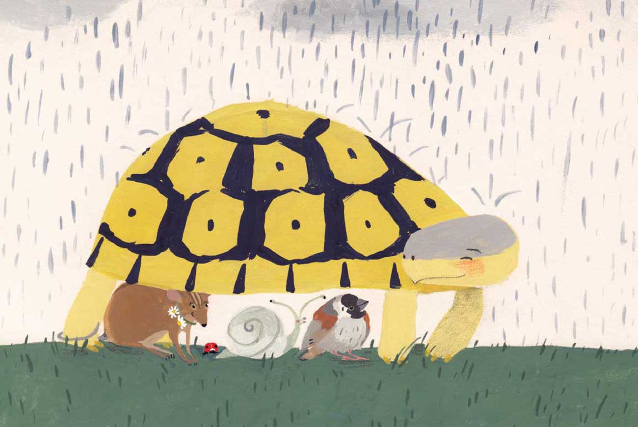 Illustration of tortoise sheltering animals from rain from short story for kids Tortoise Finds His Home by Book Dash