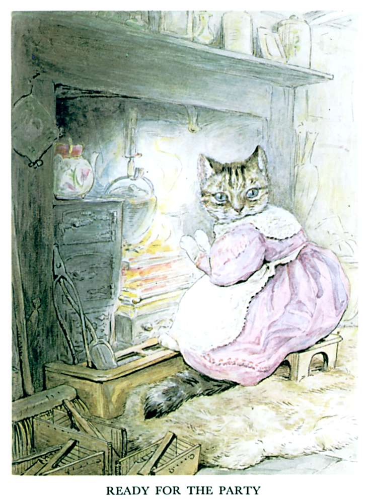 Illustration of cat at the hearth for kids story Pie Patty Can by Beatrix Potter