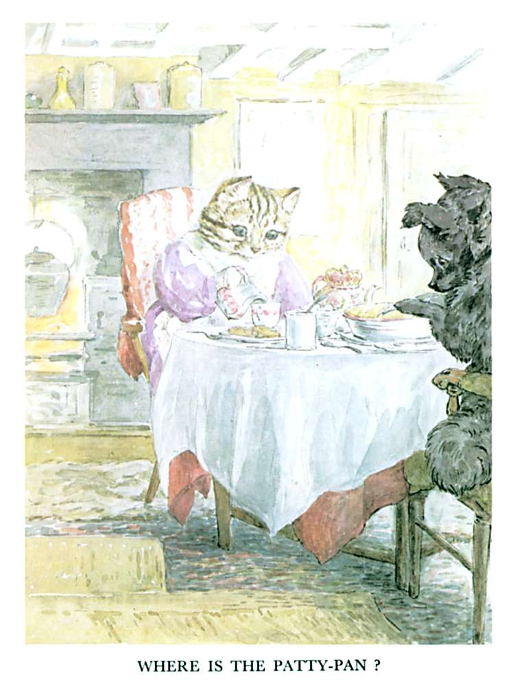Illustration of cat at dining table, for kids story Pie Patty Can by Beatrix Potter